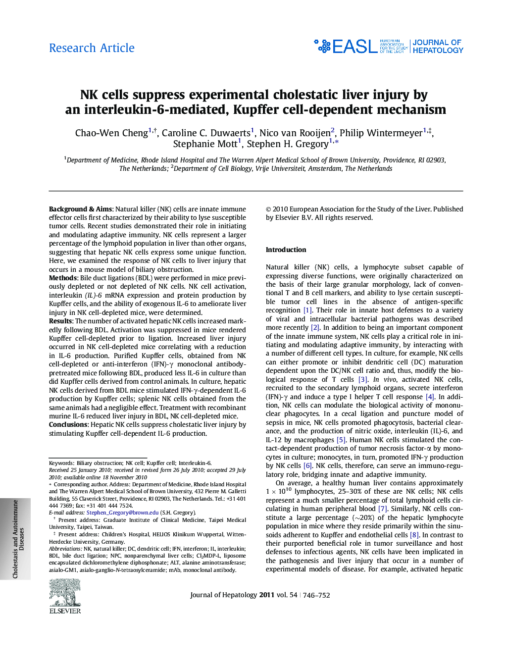 Research ArticleNK cells suppress experimental cholestatic liver injury by an interleukin-6-mediated, Kupffer cell-dependent mechanism