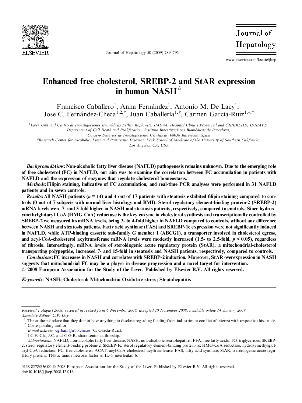 Enhanced free cholesterol, SREBP-2 and StAR expression in human NASH