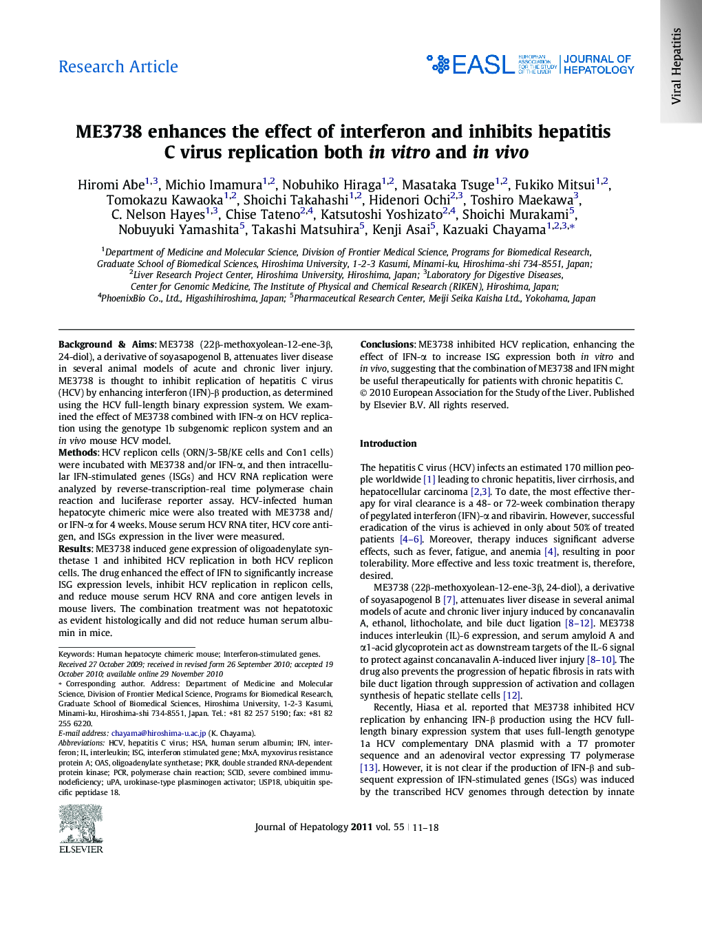 Research ArticleME3738 enhances the effect of interferon and inhibits hepatitis C virus replication both in vitro and in vivo