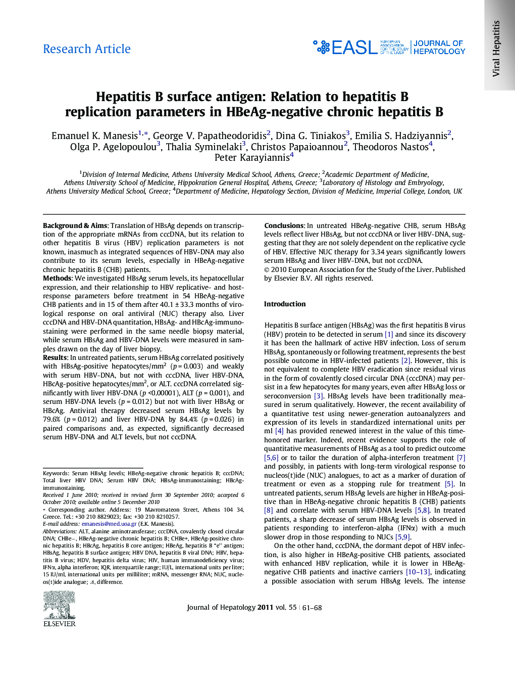 Research ArticleHepatitis B surface antigen: Relation to hepatitis B replication parameters in HBeAg-negative chronic hepatitis B