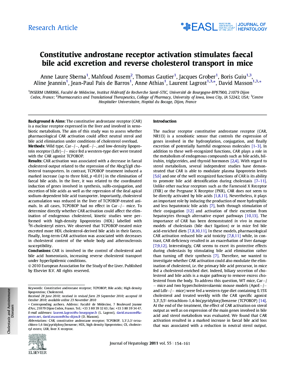 Research ArticleConstitutive androstane receptor activation stimulates faecal bile acid excretion and reverse cholesterol transport in mice