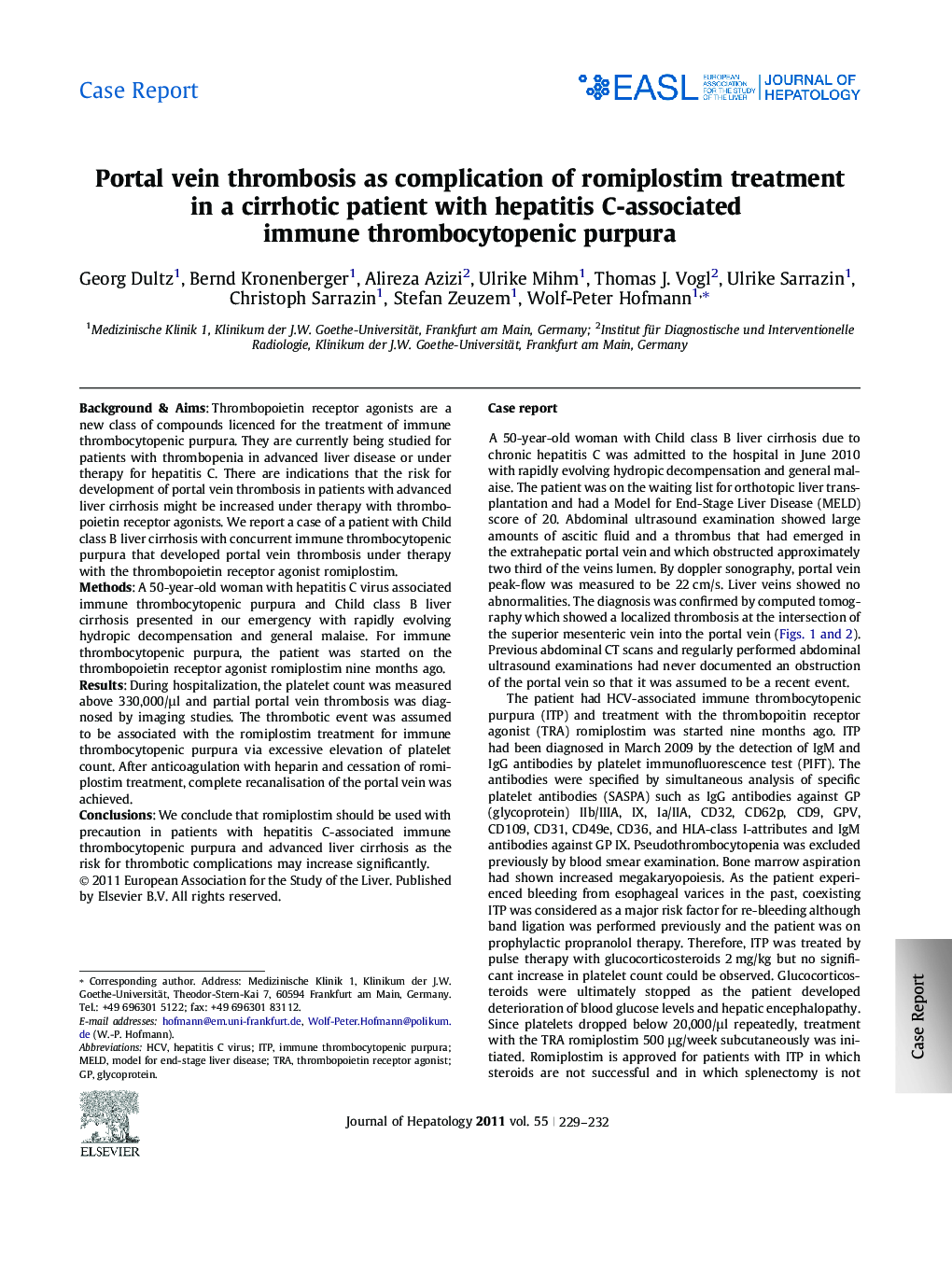 Case ReportPortal vein thrombosis as complication of romiplostim treatment in a cirrhotic patient with hepatitis C-associated immune thrombocytopenic purpura