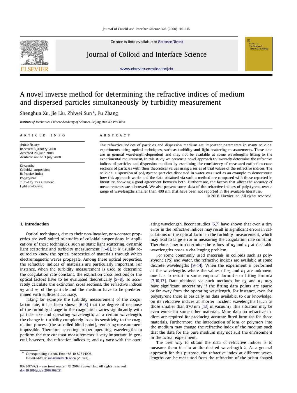 A novel inverse method for determining the refractive indices of medium and dispersed particles simultaneously by turbidity measurement