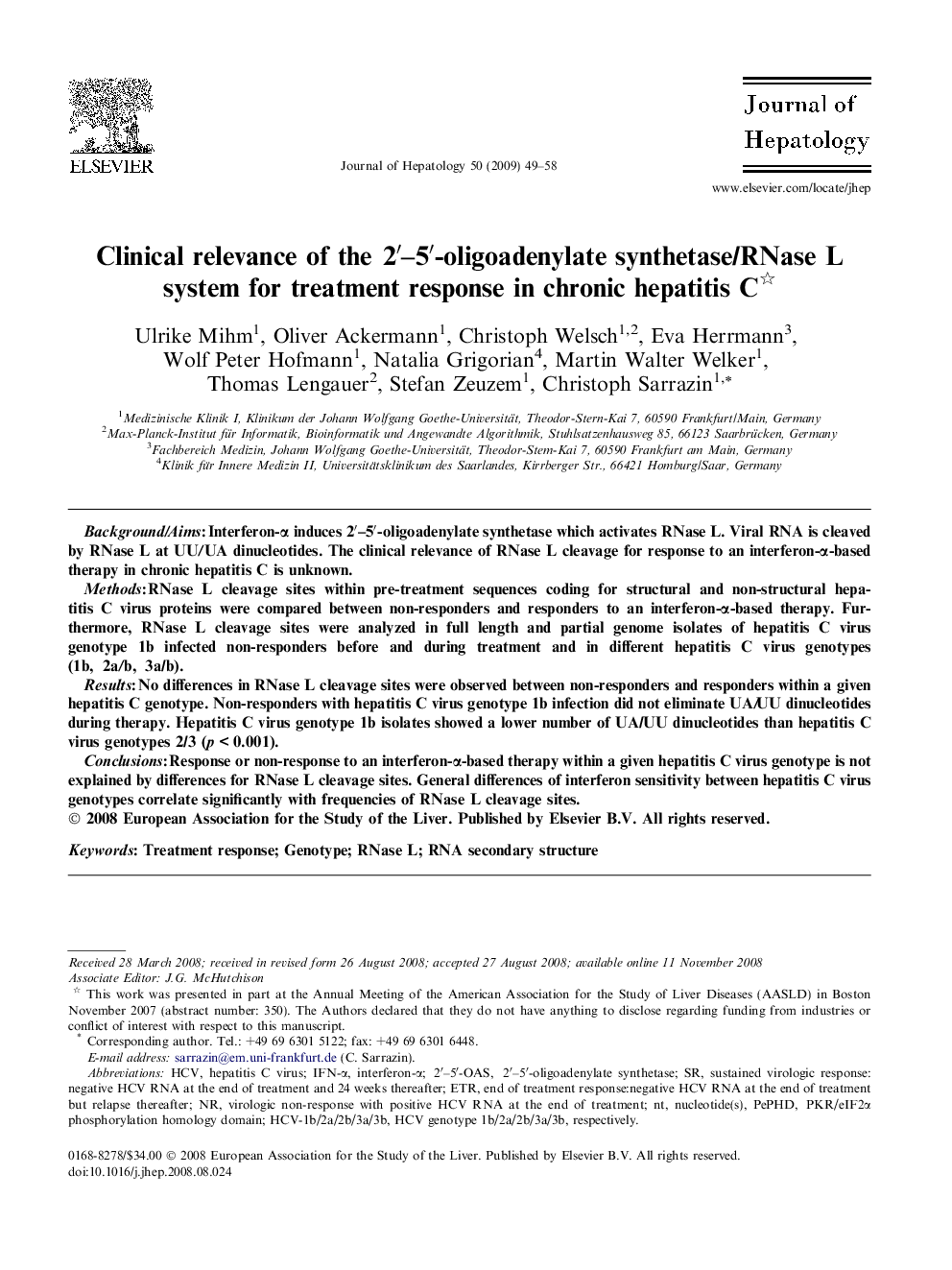 Clinical relevance of the 2â²-5â²-oligoadenylate synthetase/RNase L system for treatment response in chronic hepatitis C