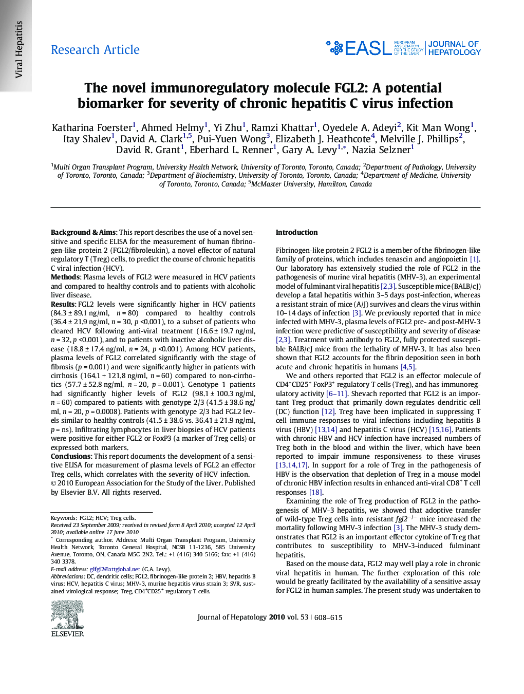 Research ArticleThe novel immunoregulatory molecule FGL2: A potential biomarker for severity of chronic hepatitis C virus infection