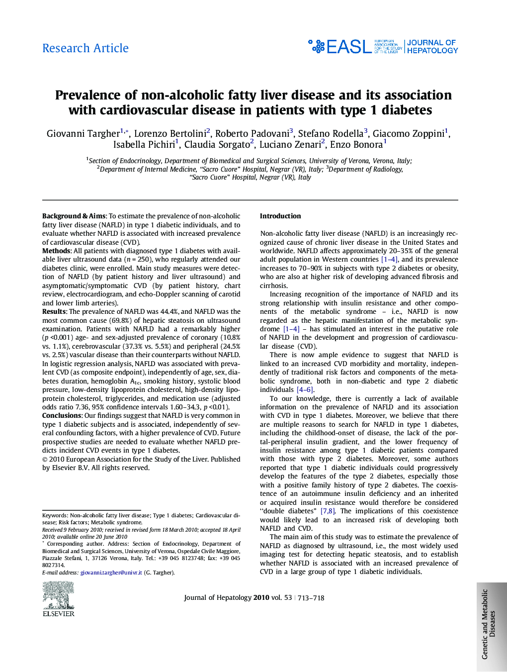 Research ArticlePrevalence of non-alcoholic fatty liver disease and its association with cardiovascular disease in patients with type 1 diabetes