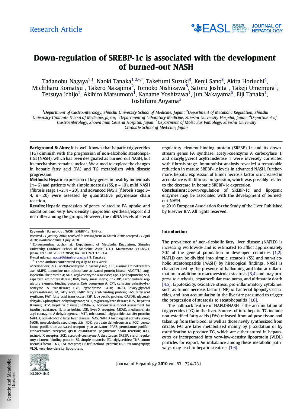 Research ArticleDown-regulation of SREBP-1c is associated with the development of burned-out NASH