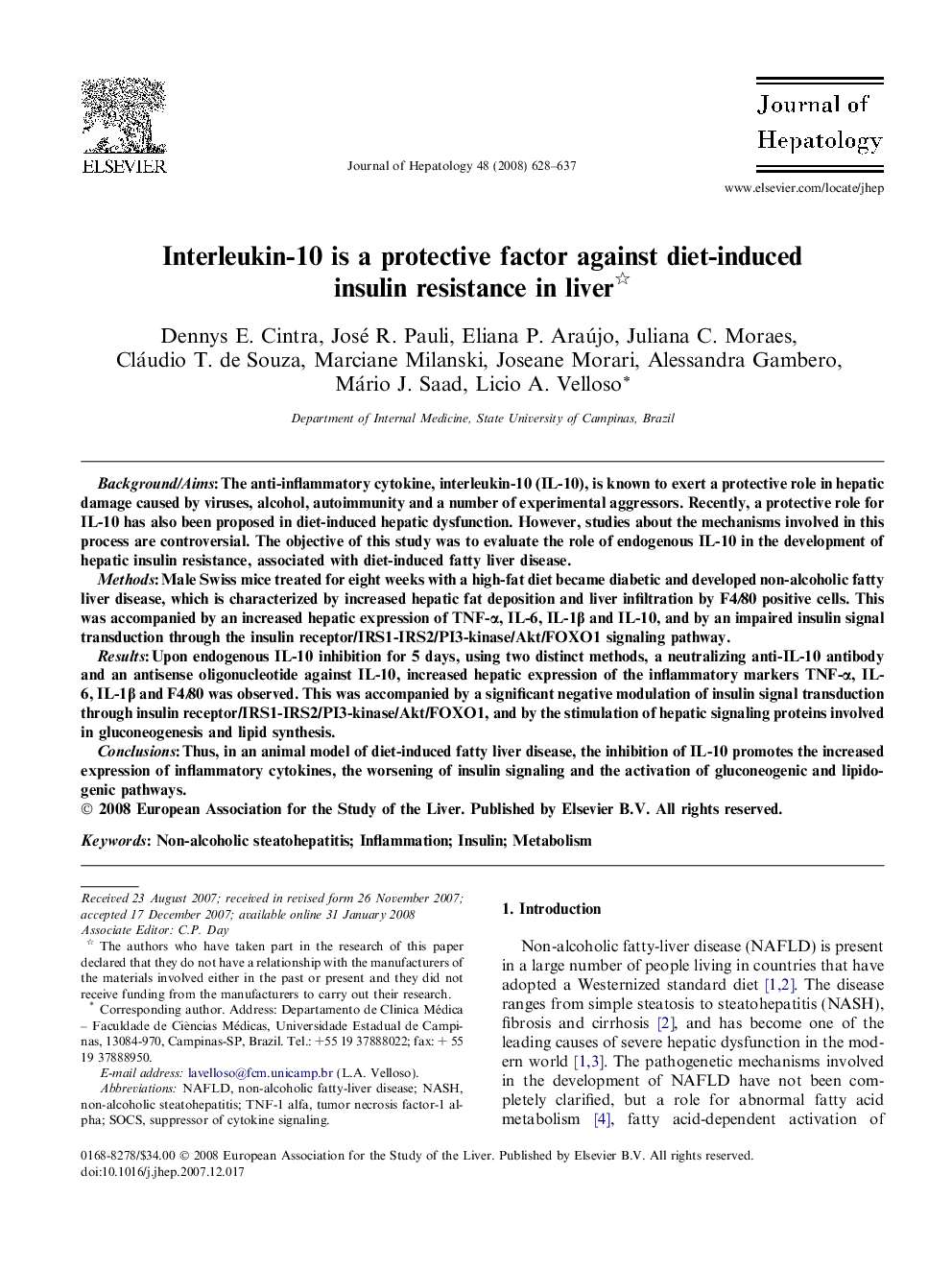 Interleukin-10 is a protective factor against diet-induced insulin resistance in liver