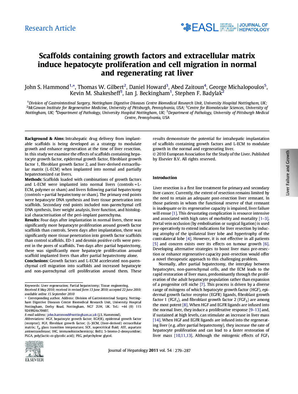 Research ArticleScaffolds containing growth factors and extracellular matrix induce hepatocyte proliferation and cell migration in normal and regenerating rat liver