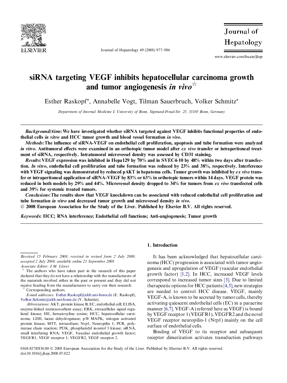 siRNA targeting VEGF inhibits hepatocellular carcinoma growth and tumor angiogenesis in vivo