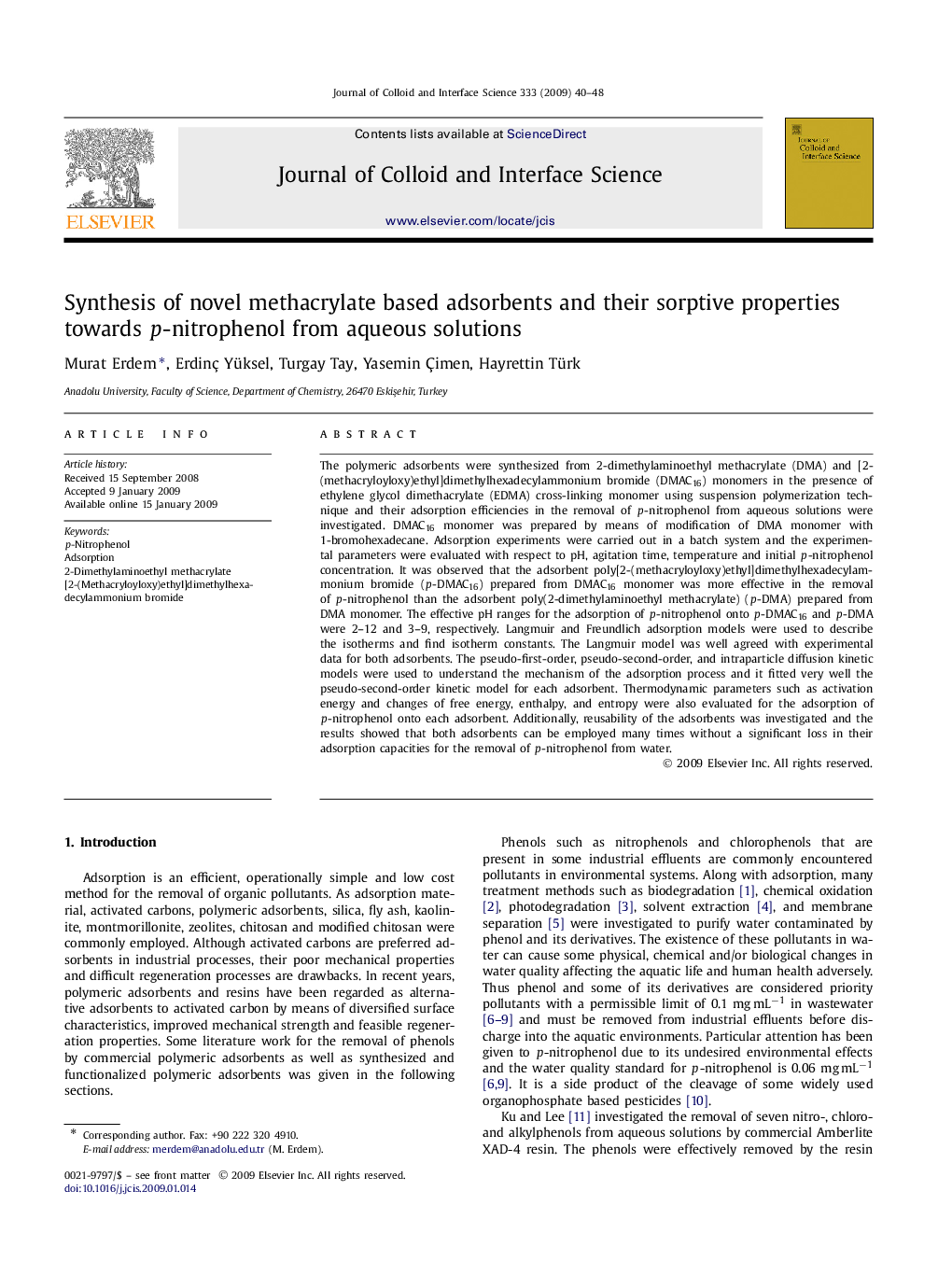 Synthesis of novel methacrylate based adsorbents and their sorptive properties towards p-nitrophenol from aqueous solutions