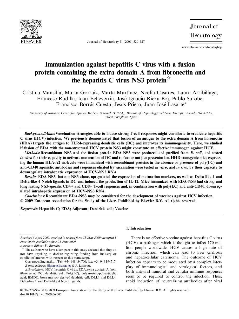 Immunization against hepatitis C virus with a fusion protein containing the extra domain A from fibronectin and the hepatitis C virus NS3 protein