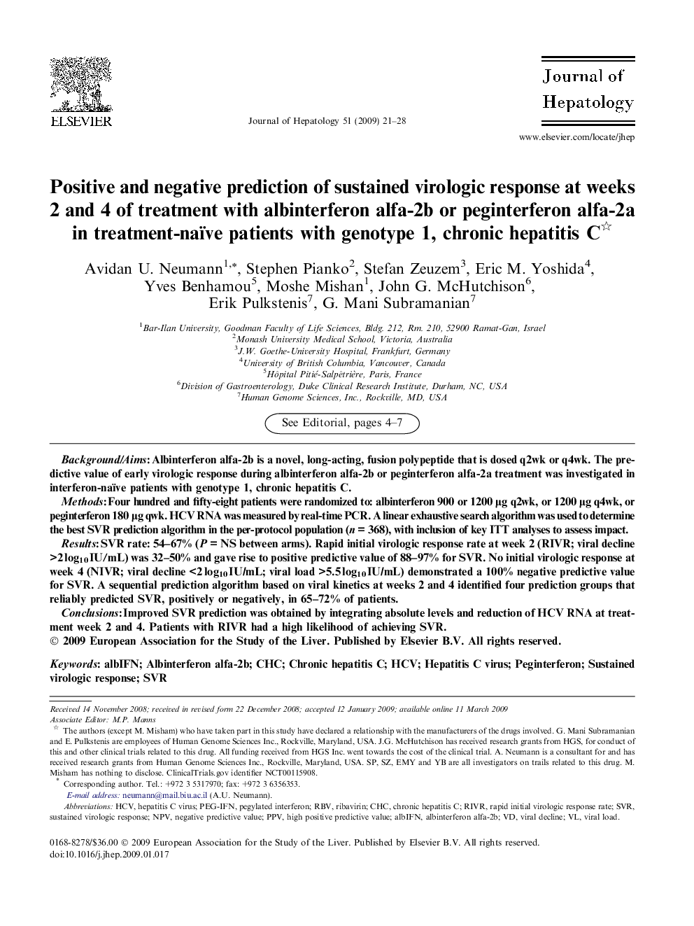 Positive and negative prediction of sustained virologic response at weeks 2 and 4 of treatment with albinterferon alfa-2b or peginterferon alfa-2a in treatment-naïve patients with genotype 1, chronic hepatitis C