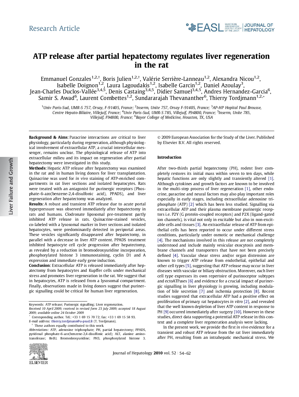 Research ArticleATP release after partial hepatectomy regulates liver regeneration in the rat