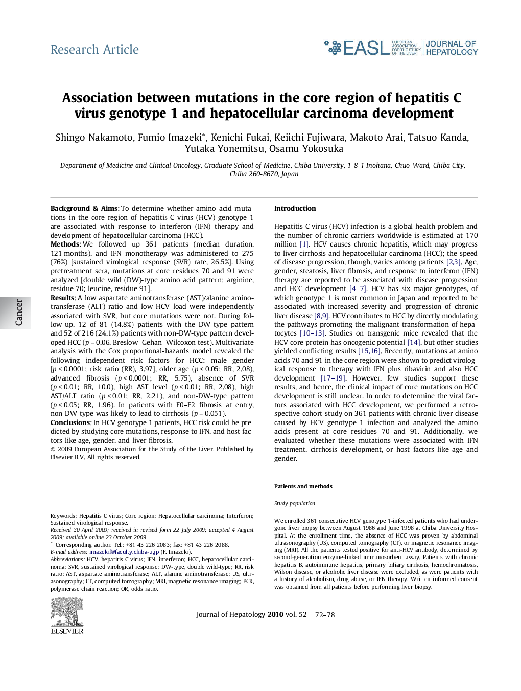 Research ArticleAssociation between mutations in the core region of hepatitis C virus genotype 1 and hepatocellular carcinoma development