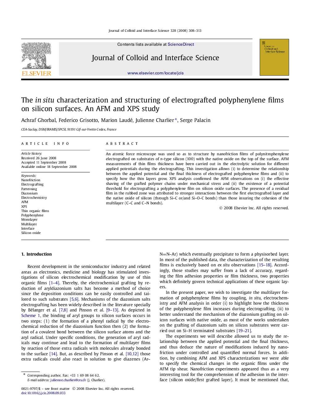 The in situ characterization and structuring of electrografted polyphenylene films on silicon surfaces. An AFM and XPS study