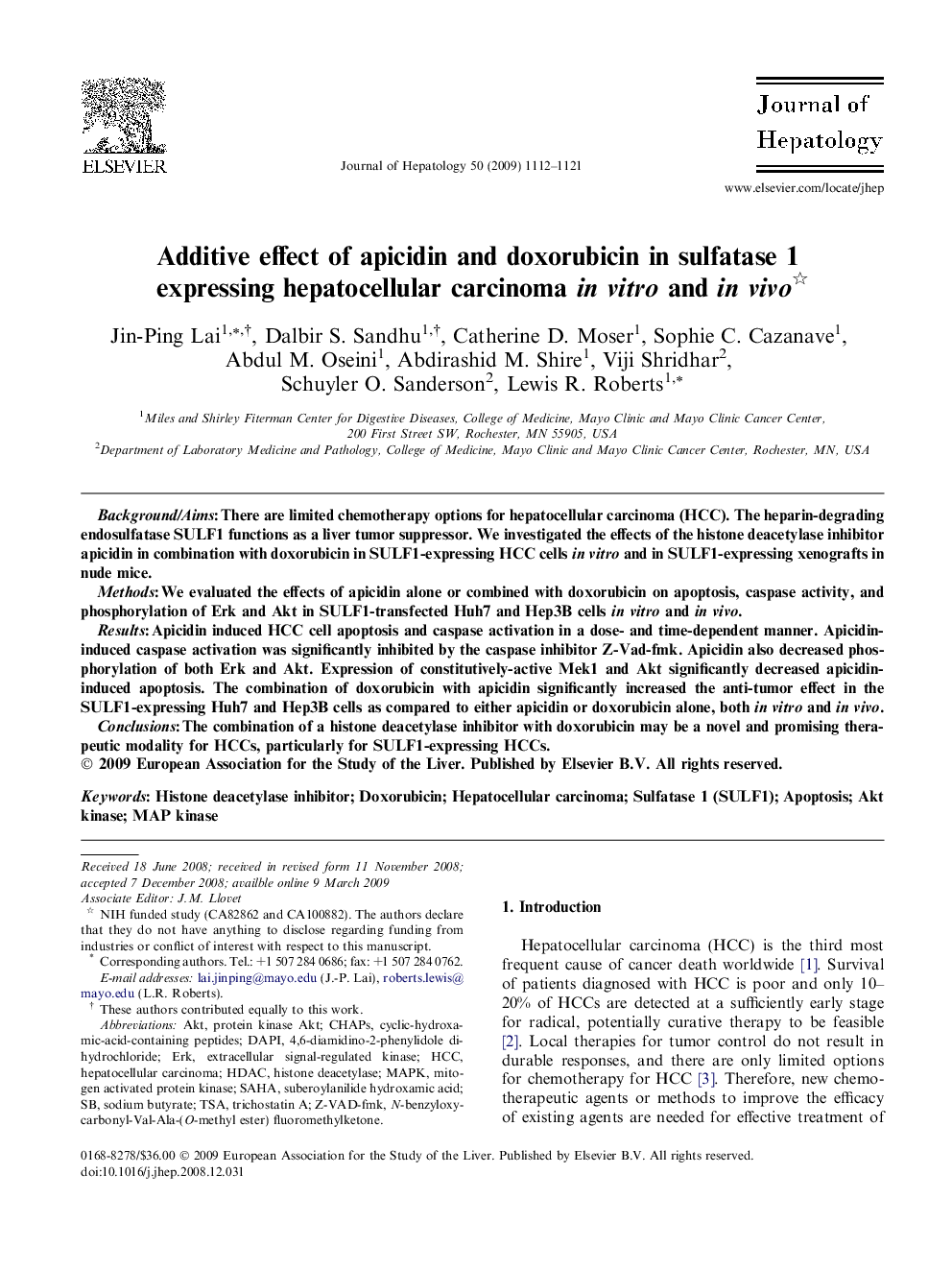 Additive effect of apicidin and doxorubicin in sulfatase 1 expressing hepatocellular carcinoma in vitro and in vivo