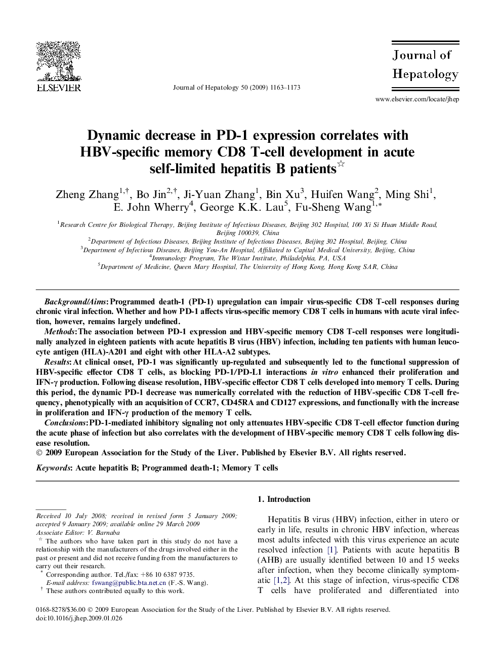 Dynamic decrease in PD-1 expression correlates with HBV-specific memory CD8 T-cell development in acute self-limited hepatitis B patients