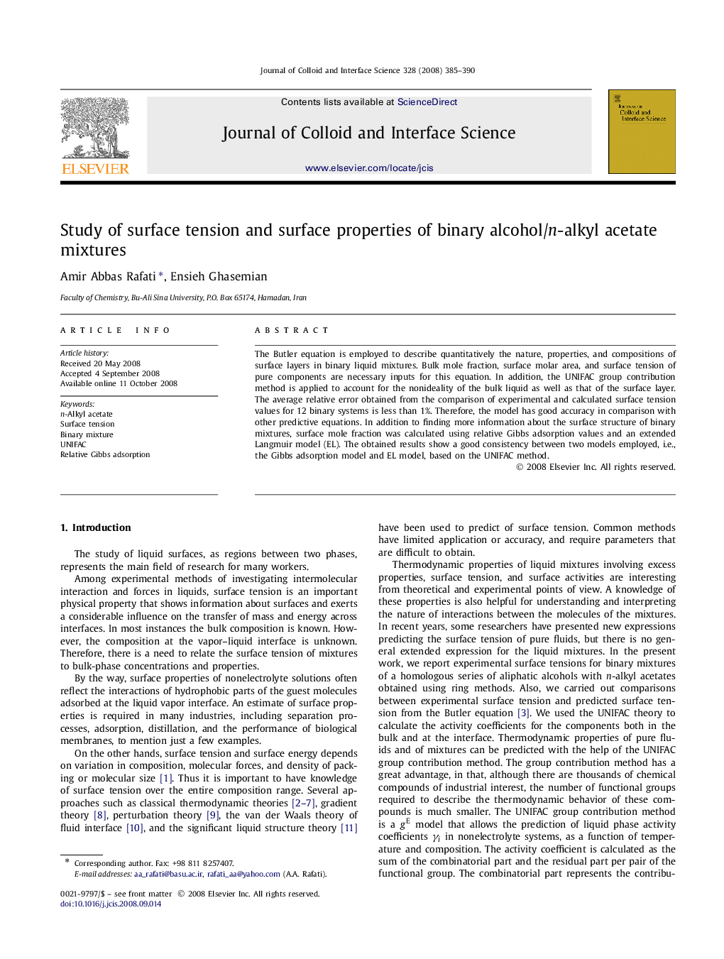 Study of surface tension and surface properties of binary alcohol/n-alkyl acetate mixtures