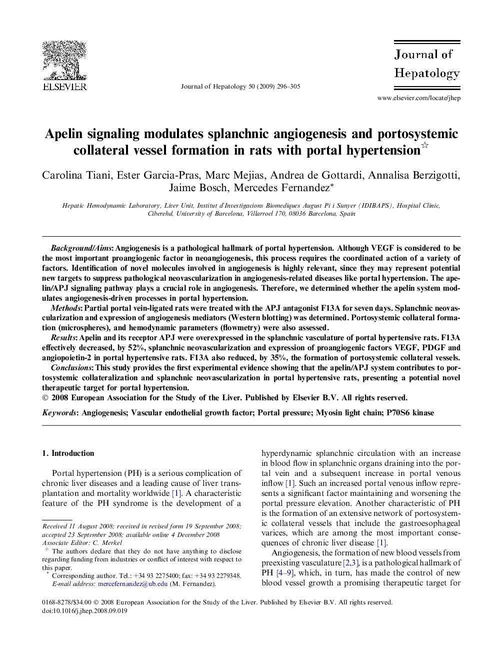 Apelin signaling modulates splanchnic angiogenesis and portosystemic collateral vessel formation in rats with portal hypertension