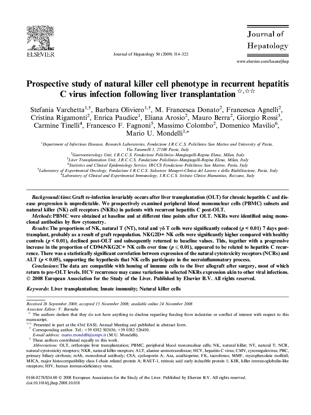 Prospective study of natural killer cell phenotype in recurrent hepatitis C virus infection following liver transplantation