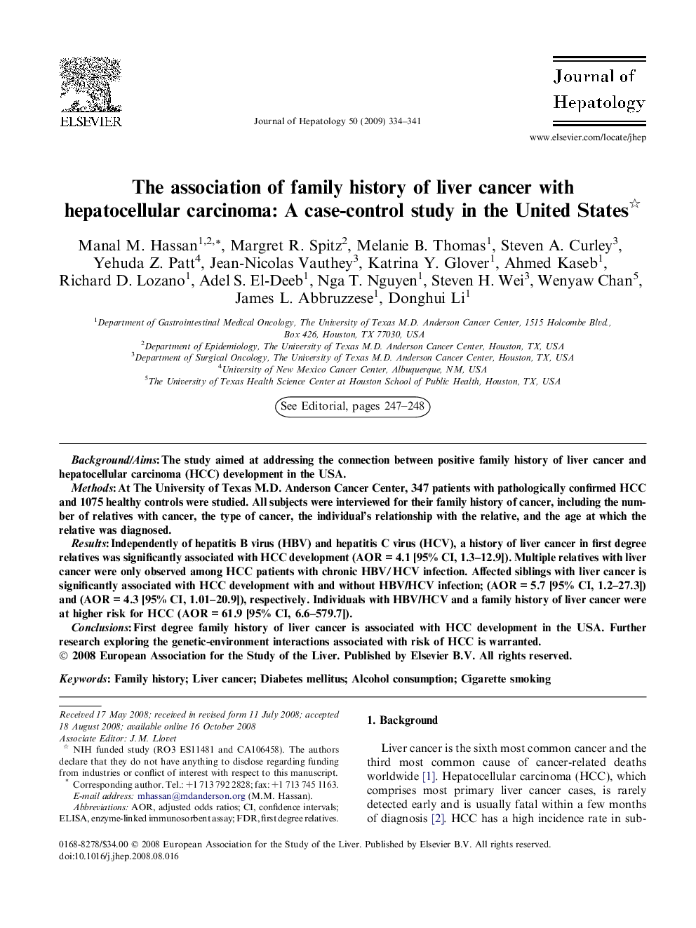 The association of family history of liver cancer with hepatocellular carcinoma: A case-control study in the United States