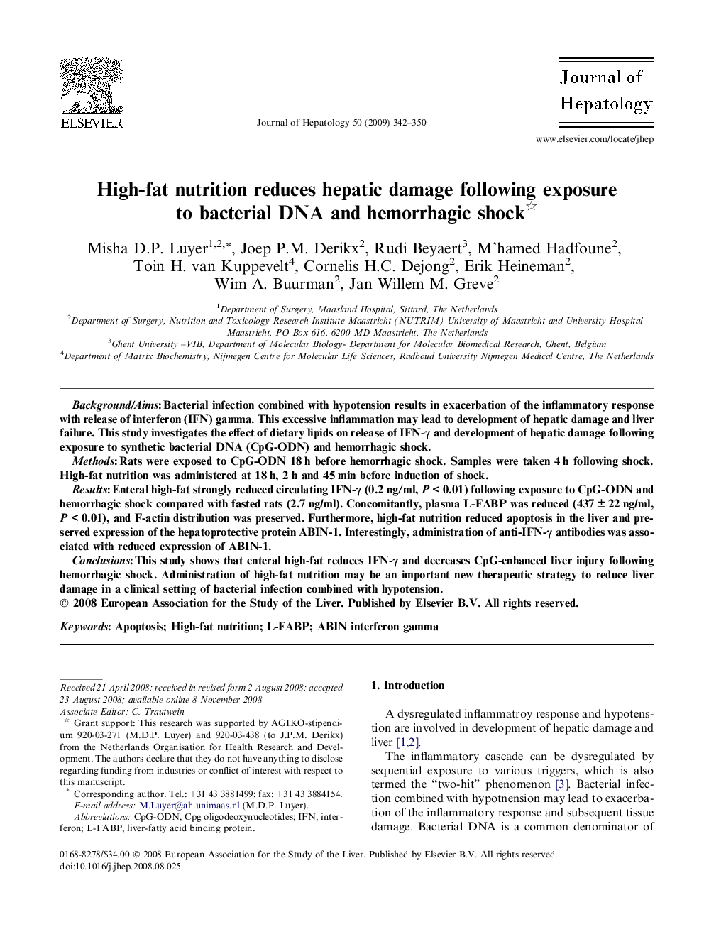 High-fat nutrition reduces hepatic damage following exposure to bacterial DNA and hemorrhagic shock