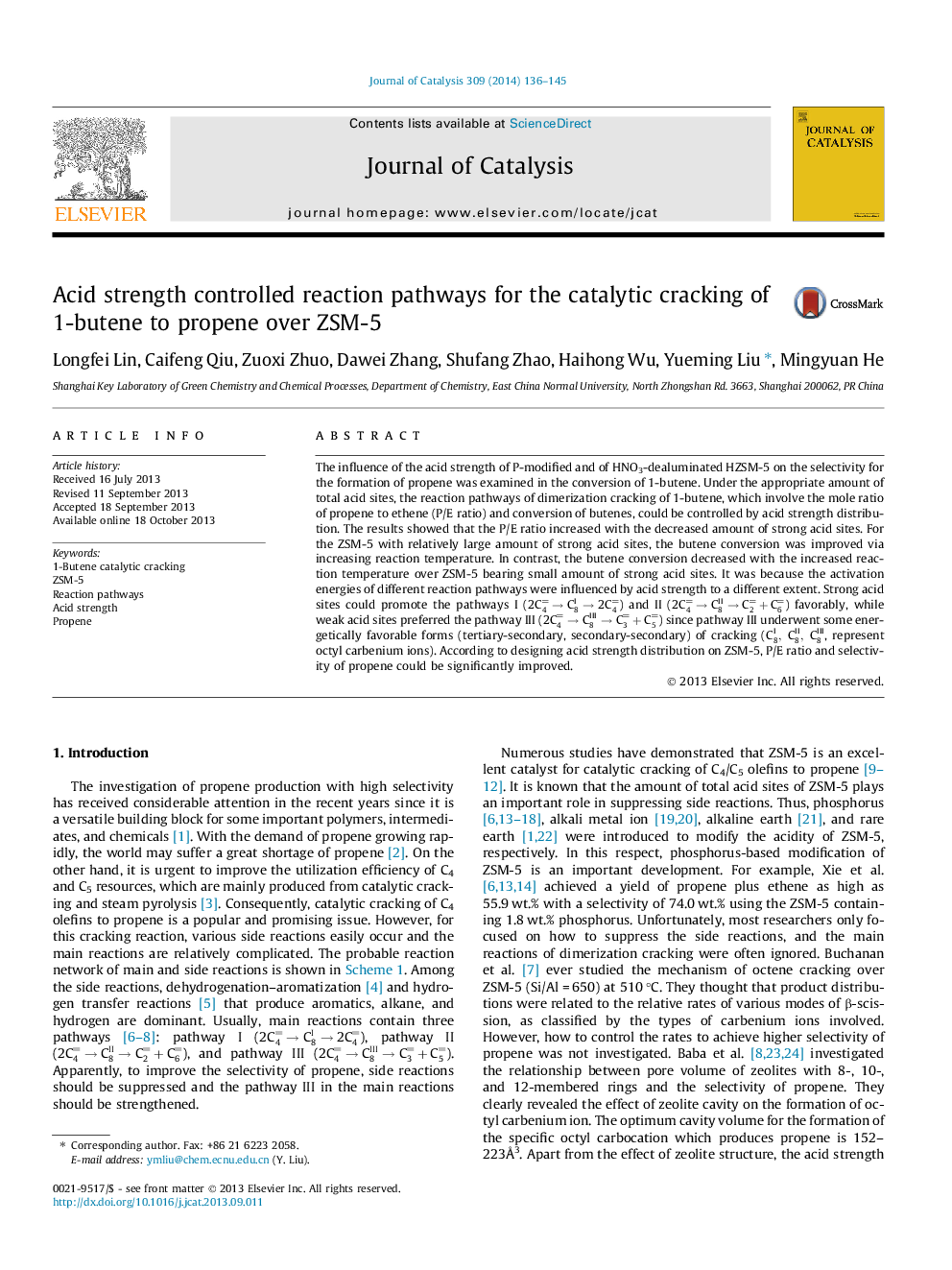 Acid strength controlled reaction pathways for the catalytic cracking of 1-butene to propene over ZSM-5