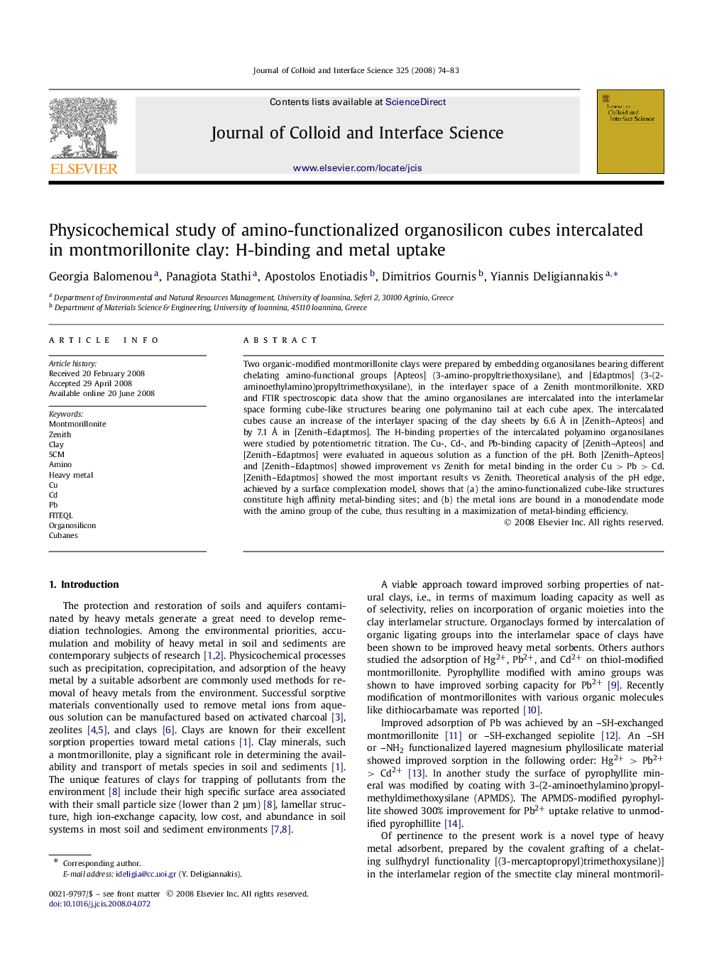 Physicochemical study of amino-functionalized organosilicon cubes intercalated in montmorillonite clay: H-binding and metal uptake