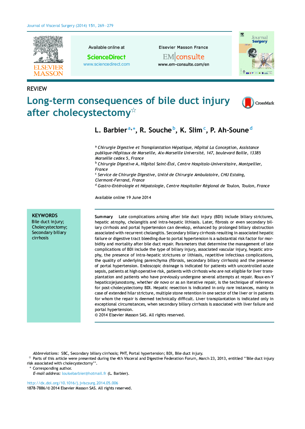 ReviewLong-term consequences of bile duct injury after cholecystectomy