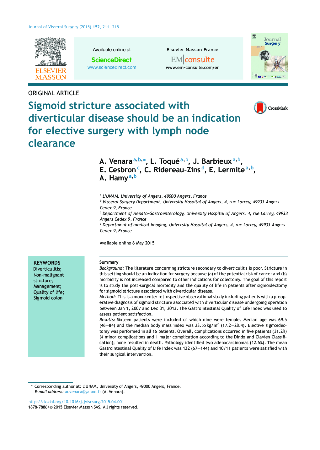 Original articleSigmoid stricture associated with diverticular disease should be an indication for elective surgery with lymph node clearance