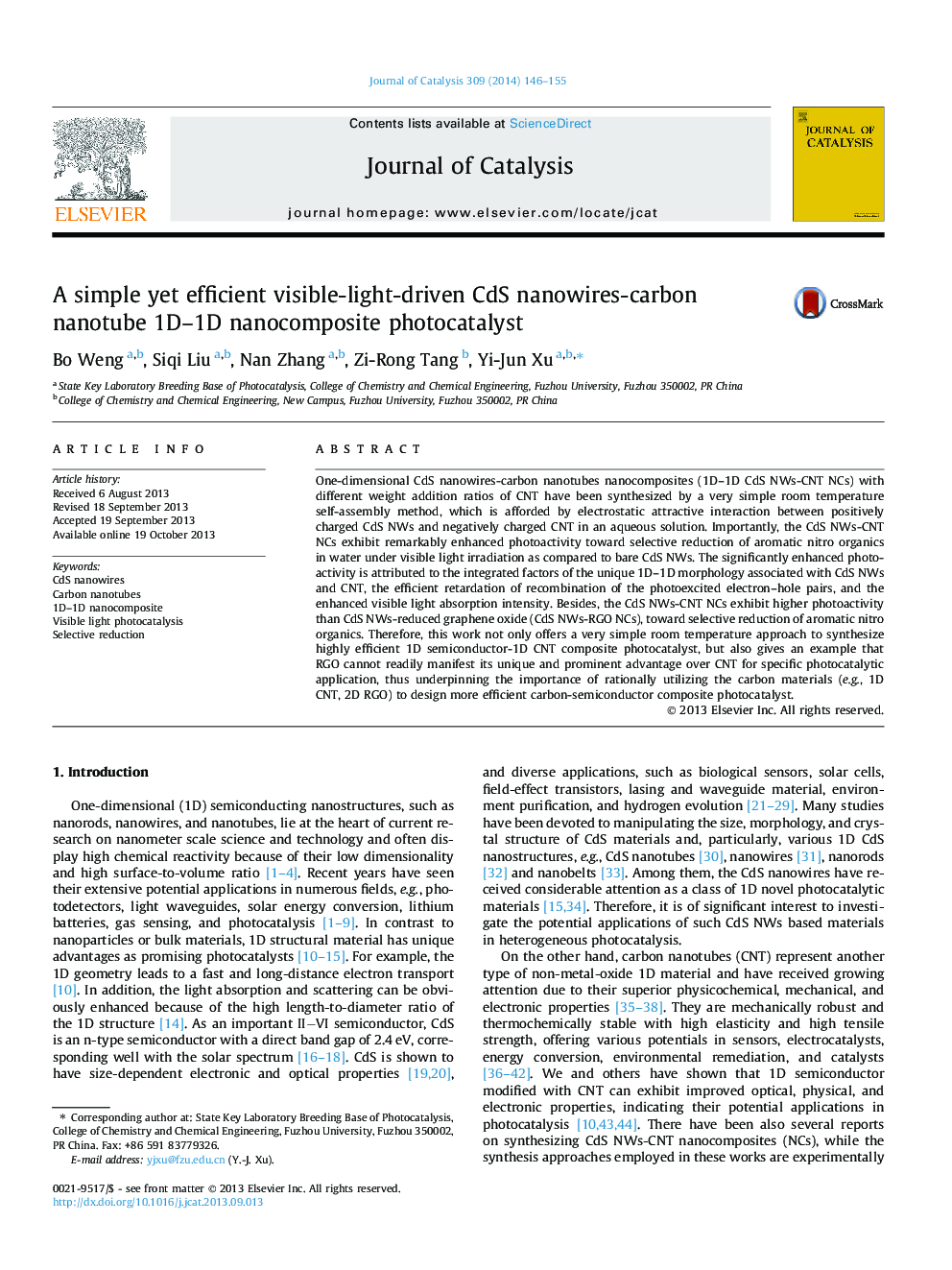 A simple yet efficient visible-light-driven CdS nanowires-carbon nanotube 1D–1D nanocomposite photocatalyst