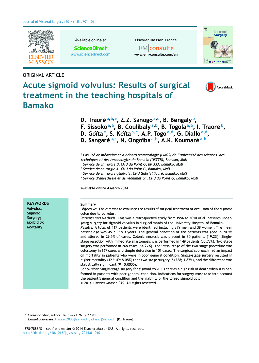 مقاله اصلی ویوولول سیگموئیدوسیت: نتایج درمان جراحی در بیمارستان های آموزشی شهر باماکو 