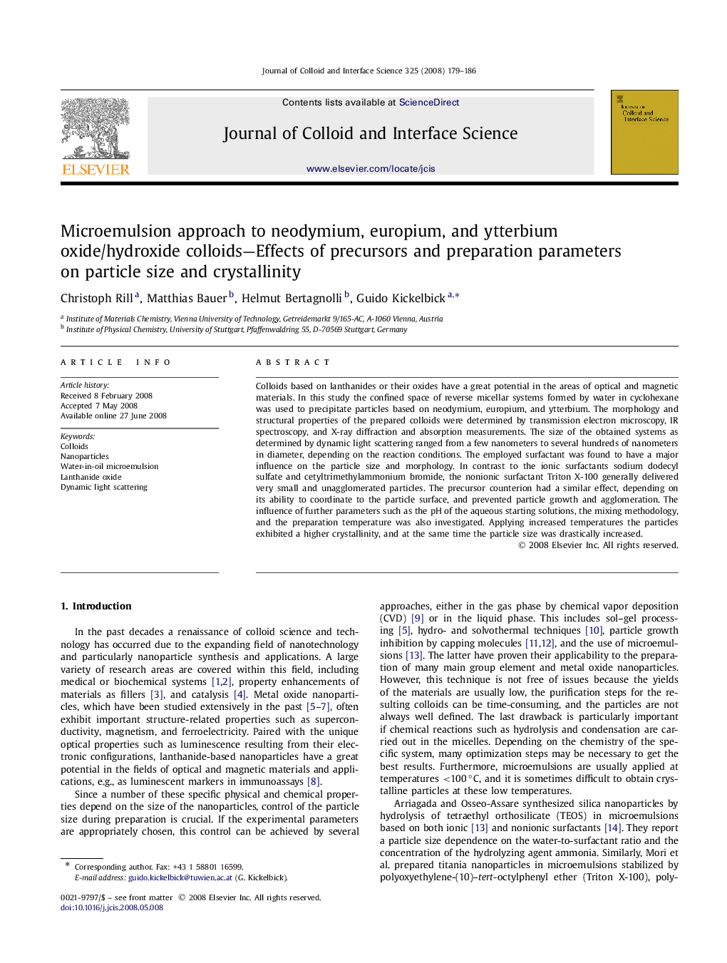 Microemulsion approach to neodymium, europium, and ytterbium oxide/hydroxide colloids—Effects of precursors and preparation parameters on particle size and crystallinity