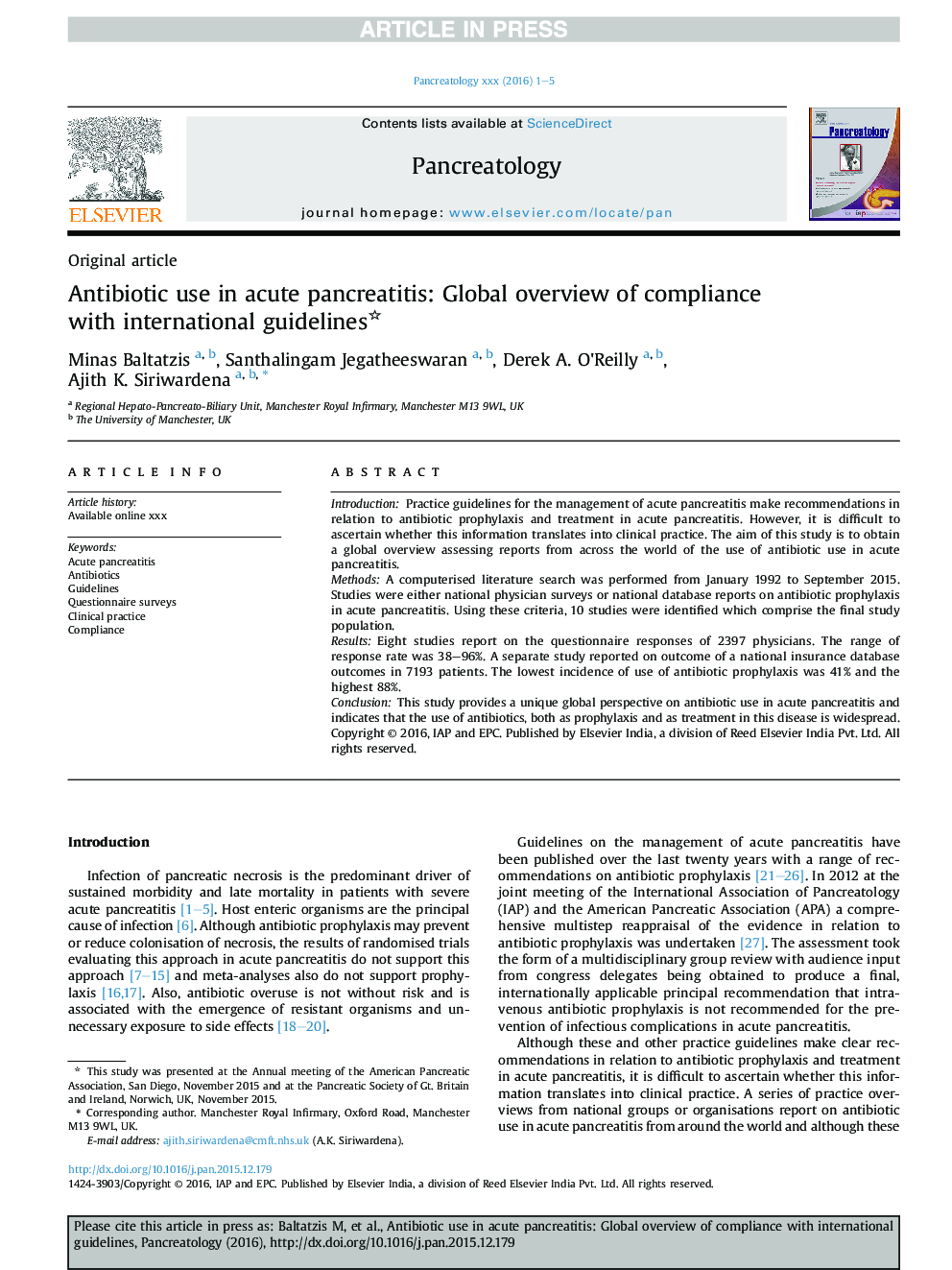 Antibiotic use in acute pancreatitis: Global overview of compliance with international guidelines