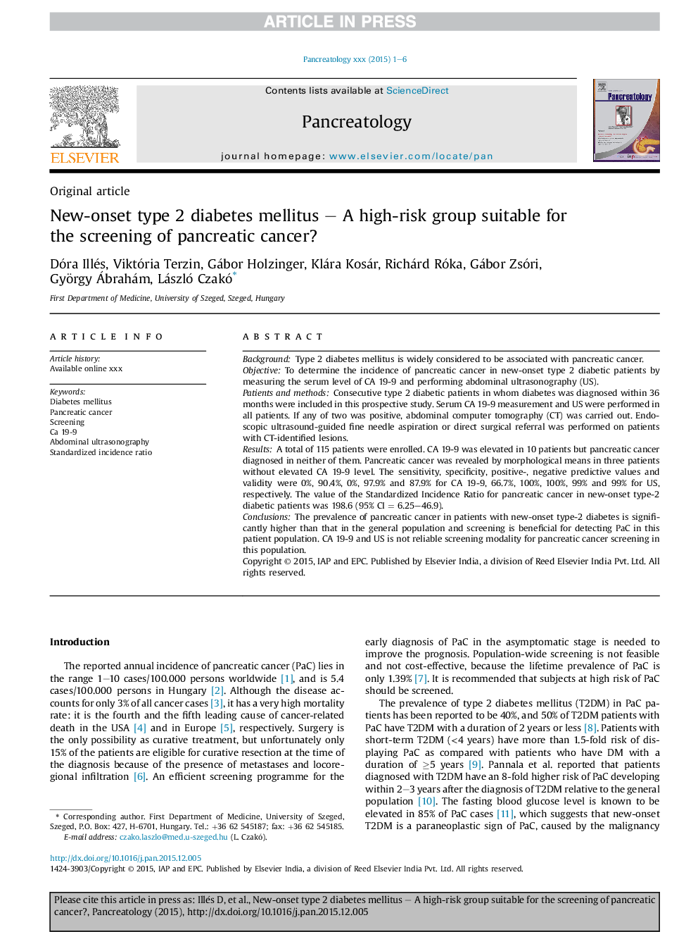 New-onset type 2 diabetes mellitus - A high-risk group suitable for the screening of pancreatic cancer?