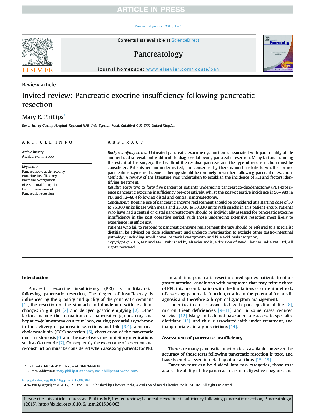 Pancreatic exocrine insufficiency following pancreatic resection