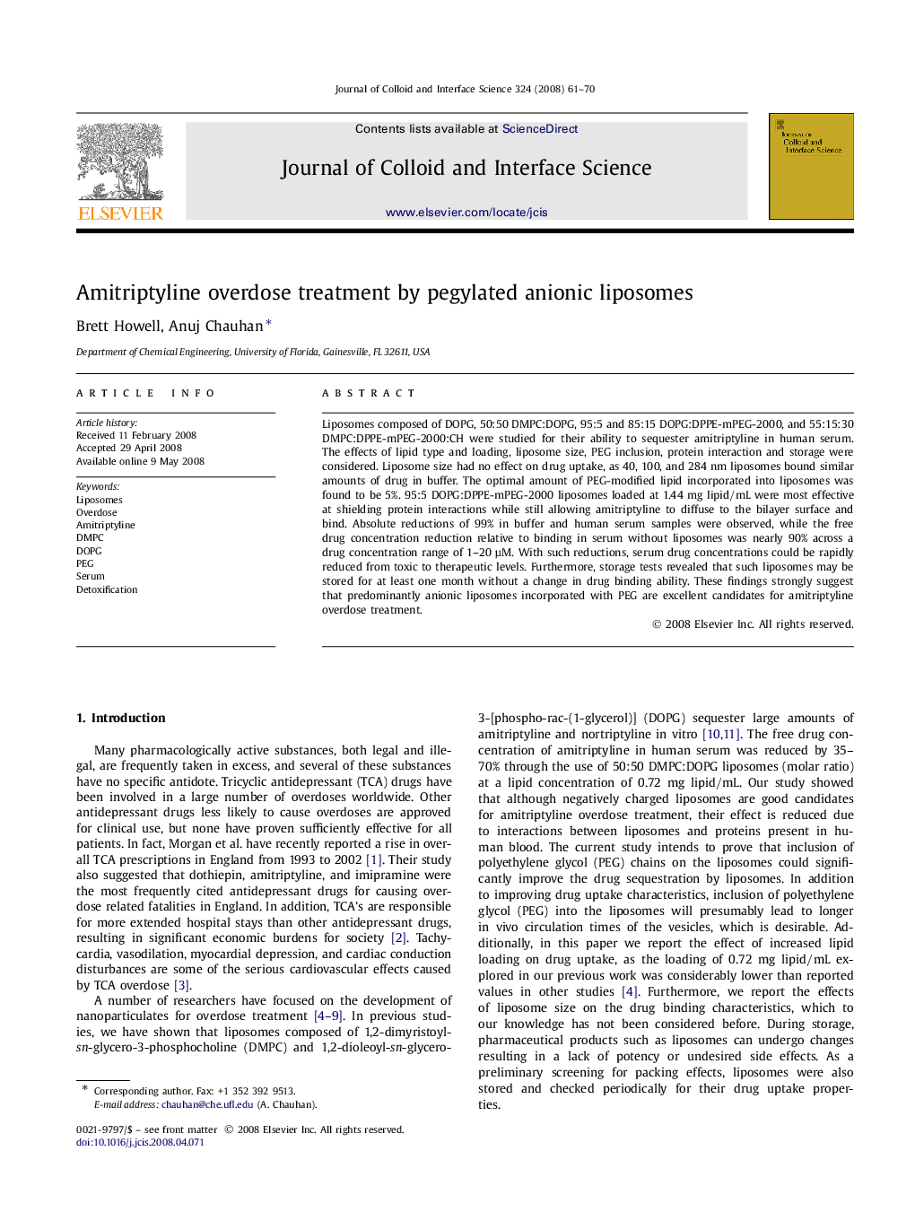 Amitriptyline overdose treatment by pegylated anionic liposomes