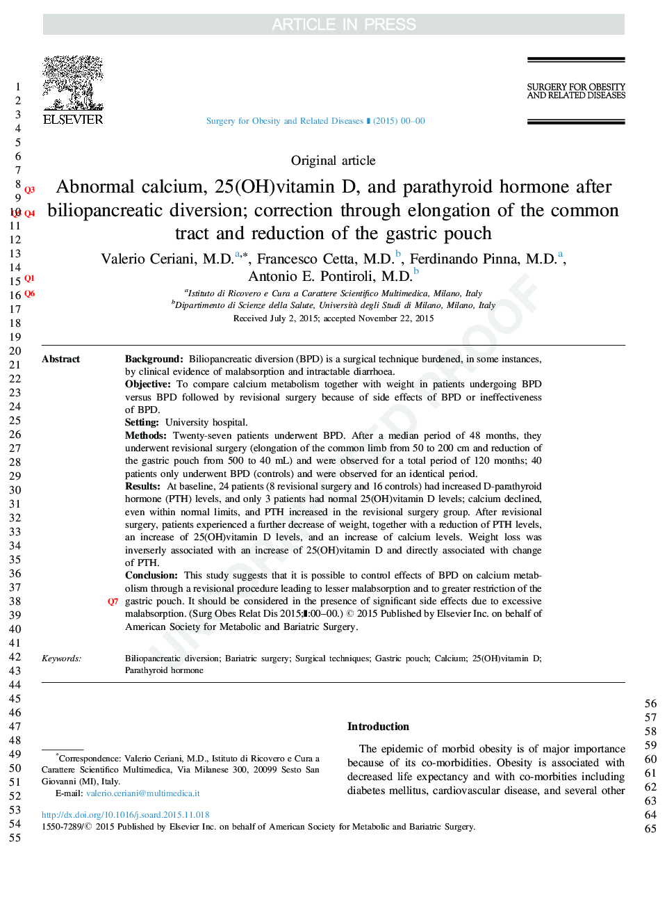 عکس صفحه اول مقاله: Abnormal calcium, 25(OH)vitamin D, and parathyroid hormone after biliopancreatic diversion; correction through elongation of the common tract and reduction of the gastric pouch Abnormal calcium, 25(OH)vitamin D, and parathyroid hormone after biliopancreatic diversion; correction through elongation of the common tract and reduction of the gastric pouch