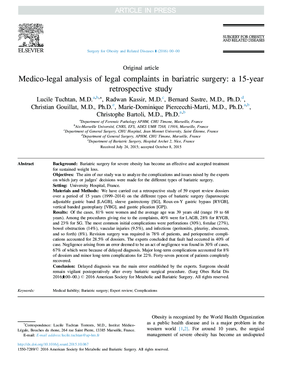 تجزیه و تحلیل پزشکی و قانونی شکایت های حقوقی در جراحی بارداری: یک مطالعه گذشته نگر 15 ساله 