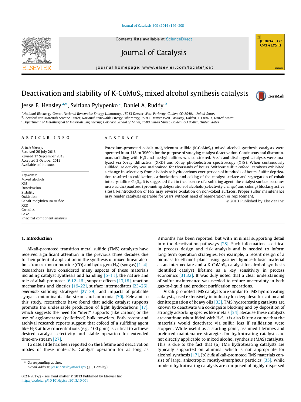 Deactivation and stability of K-CoMoSx mixed alcohol synthesis catalysts