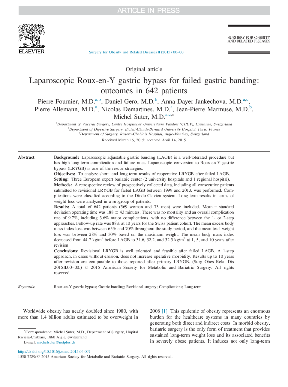 Laparoscopic Roux-en-Y gastric bypass for failed gastric banding: outcomes in 642 patients