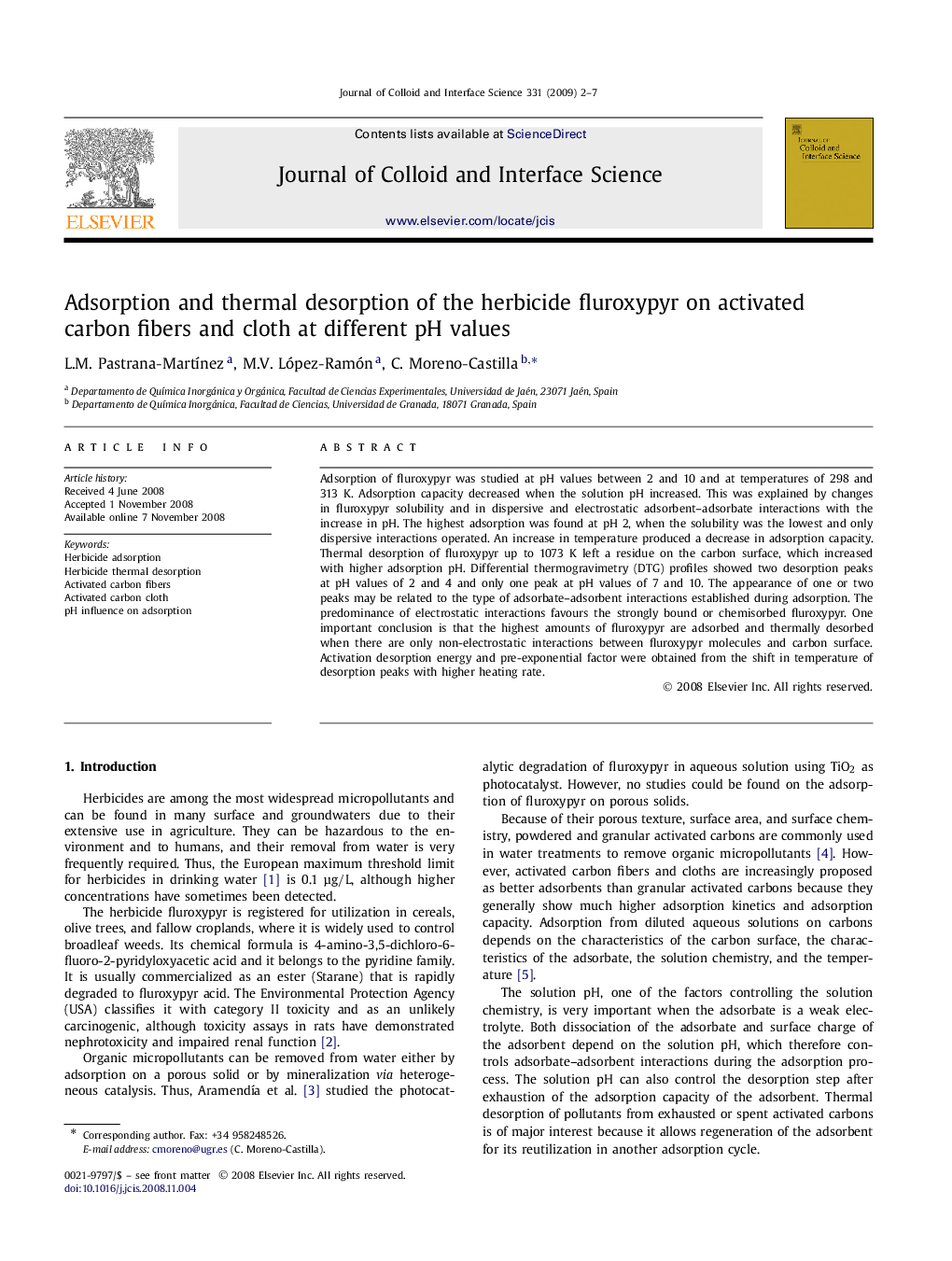 Adsorption and thermal desorption of the herbicide fluroxypyr on activated carbon fibers and cloth at different pH values