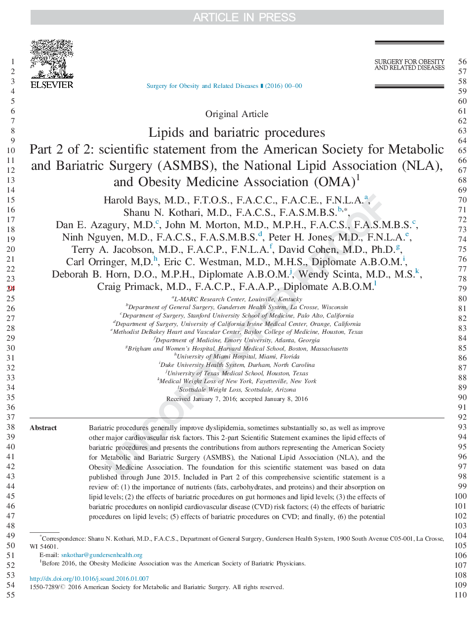 Lipids and bariatric procedures Part 2 of 2: scientific statement from the American Society for Metabolic and Bariatric Surgery (ASMBS), the National Lipid Association (NLA), and Obesity Medicine Association (OMA)1