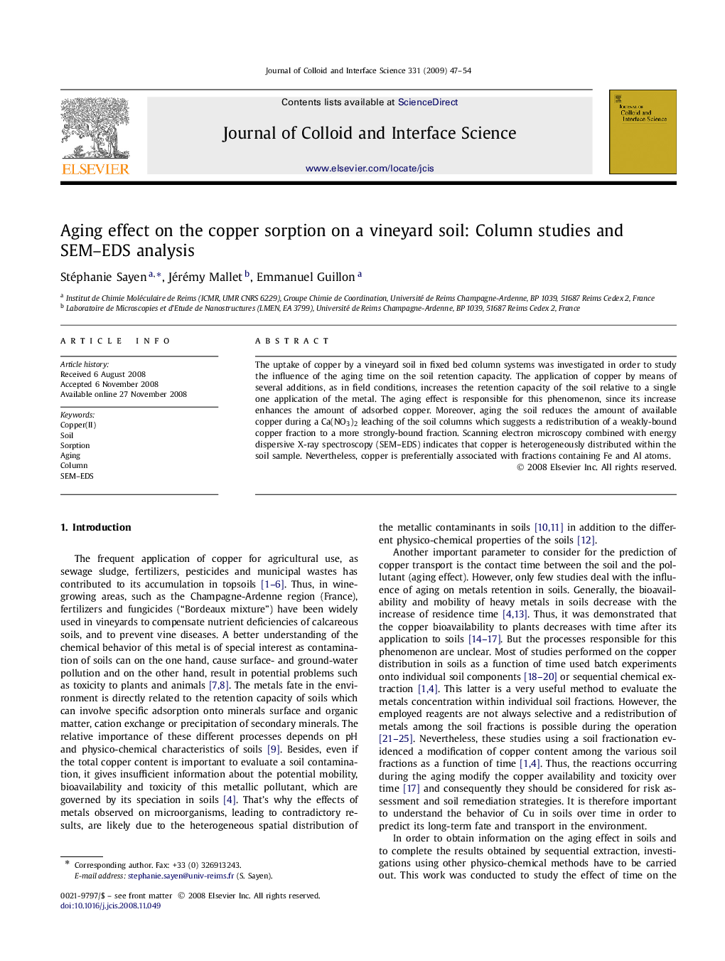 Aging effect on the copper sorption on a vineyard soil: Column studies and SEM–EDS analysis