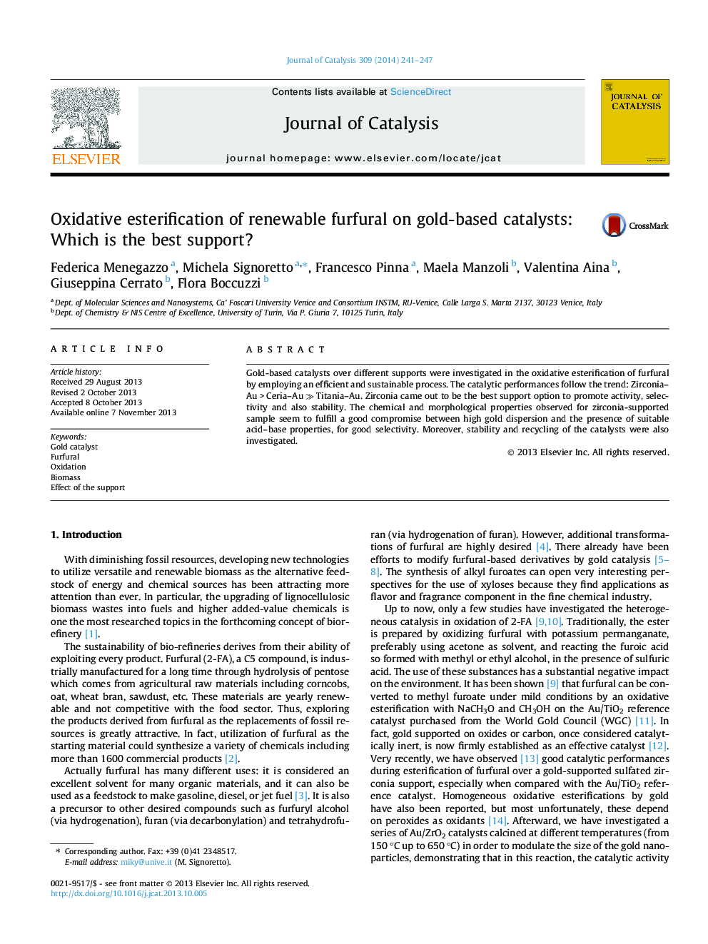 Oxidative esterification of renewable furfural on gold-based catalysts: Which is the best support?