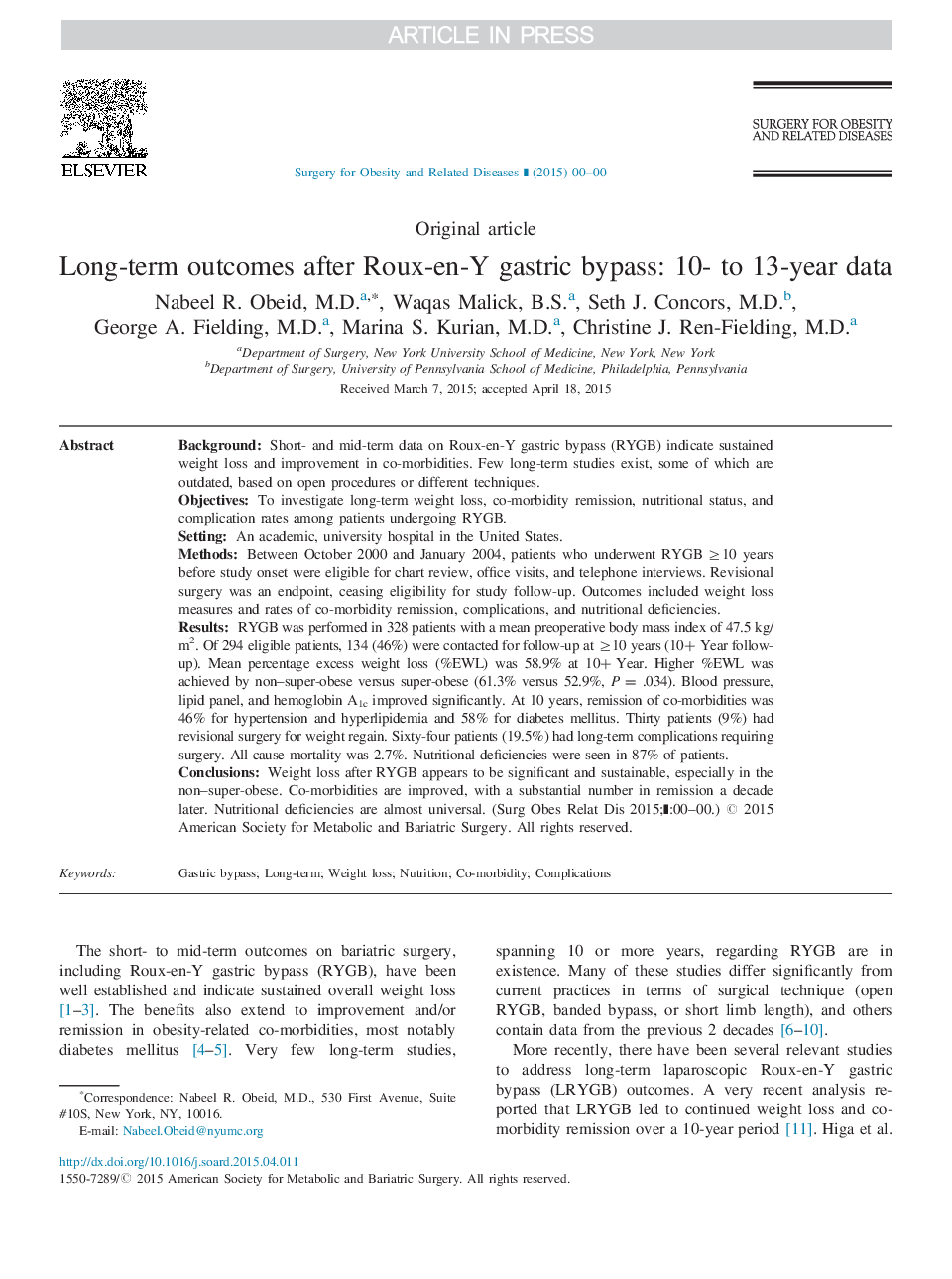 Long-term outcomes after Roux-en-Y gastric bypass: 10- to 13-year data