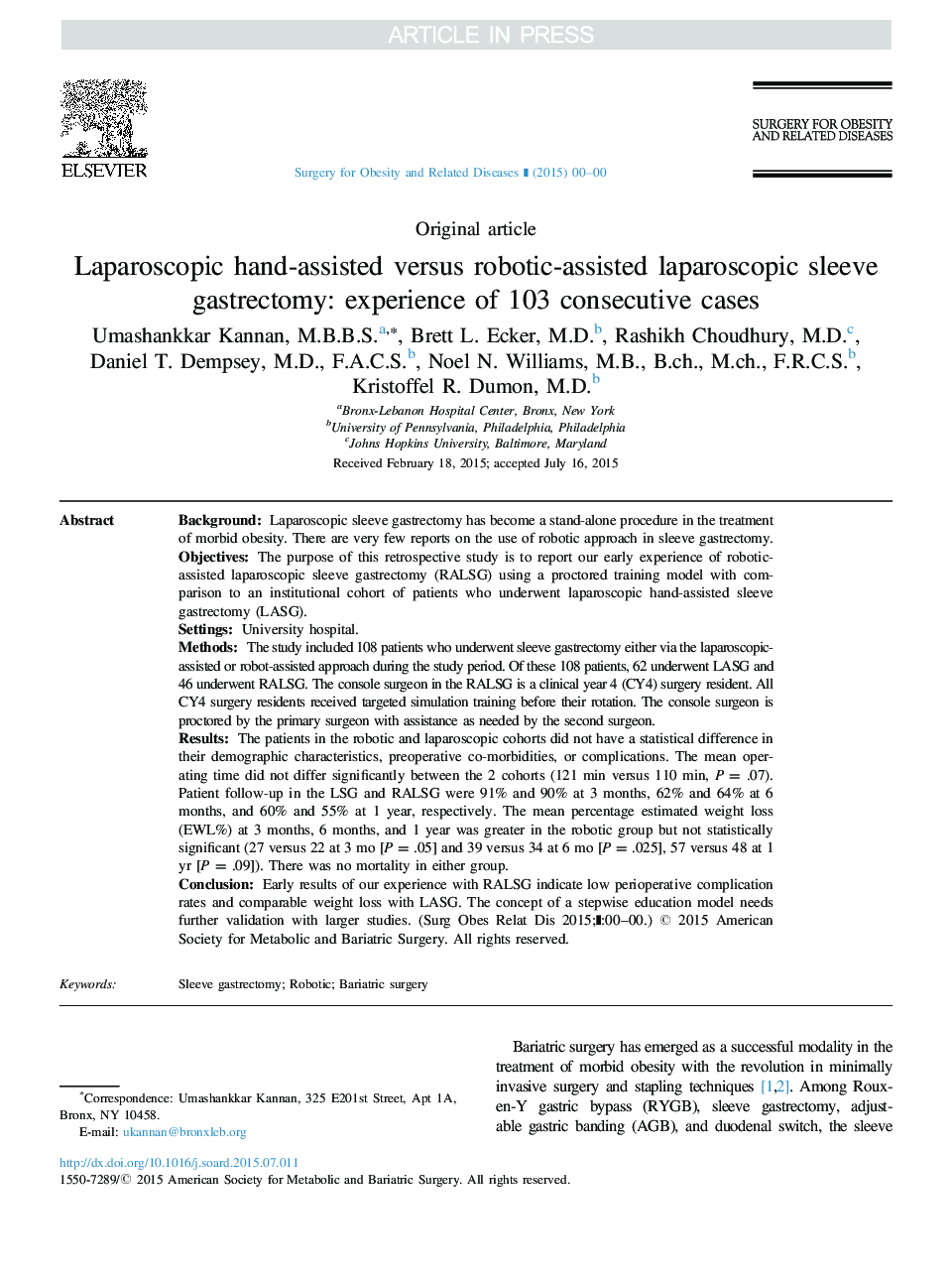 گاسترکتومی آستین لاپاروسکوپی با استفاده از دستکاری لاپاروسکوپی در مقابل دستکاری شده با روباتیک: تجربه 103 مورد متوالی 