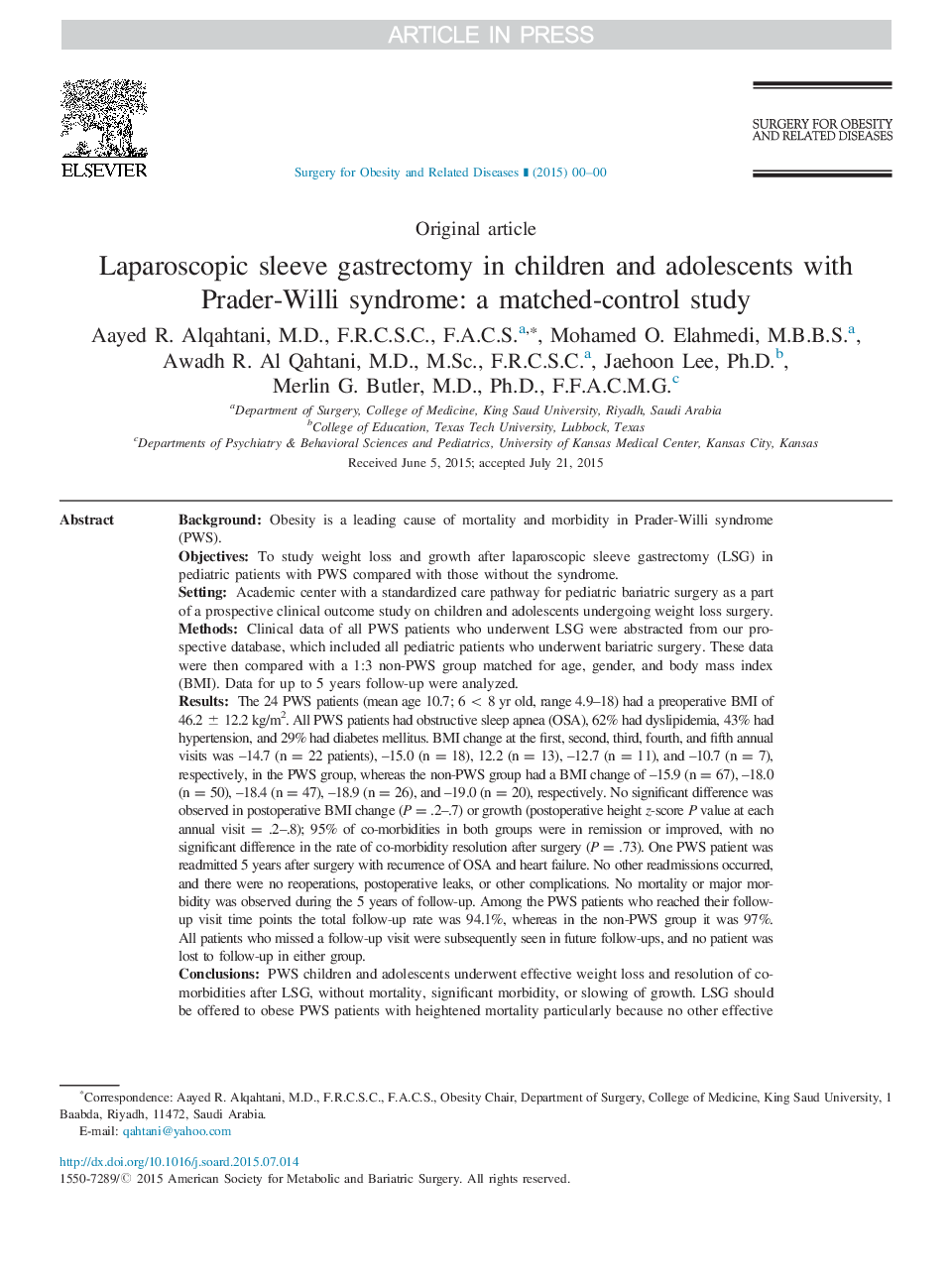 Laparoscopic sleeve gastrectomy in children and adolescents with Prader-Willi syndrome: a matched-control study