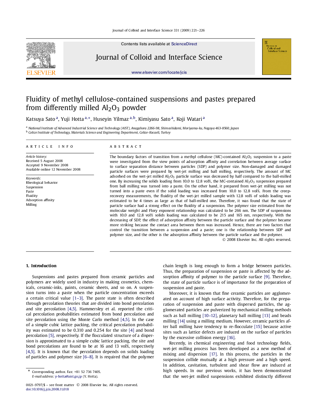 Fluidity of methyl cellulose-contained suspensions and pastes prepared from differently milled Al2O3 powder